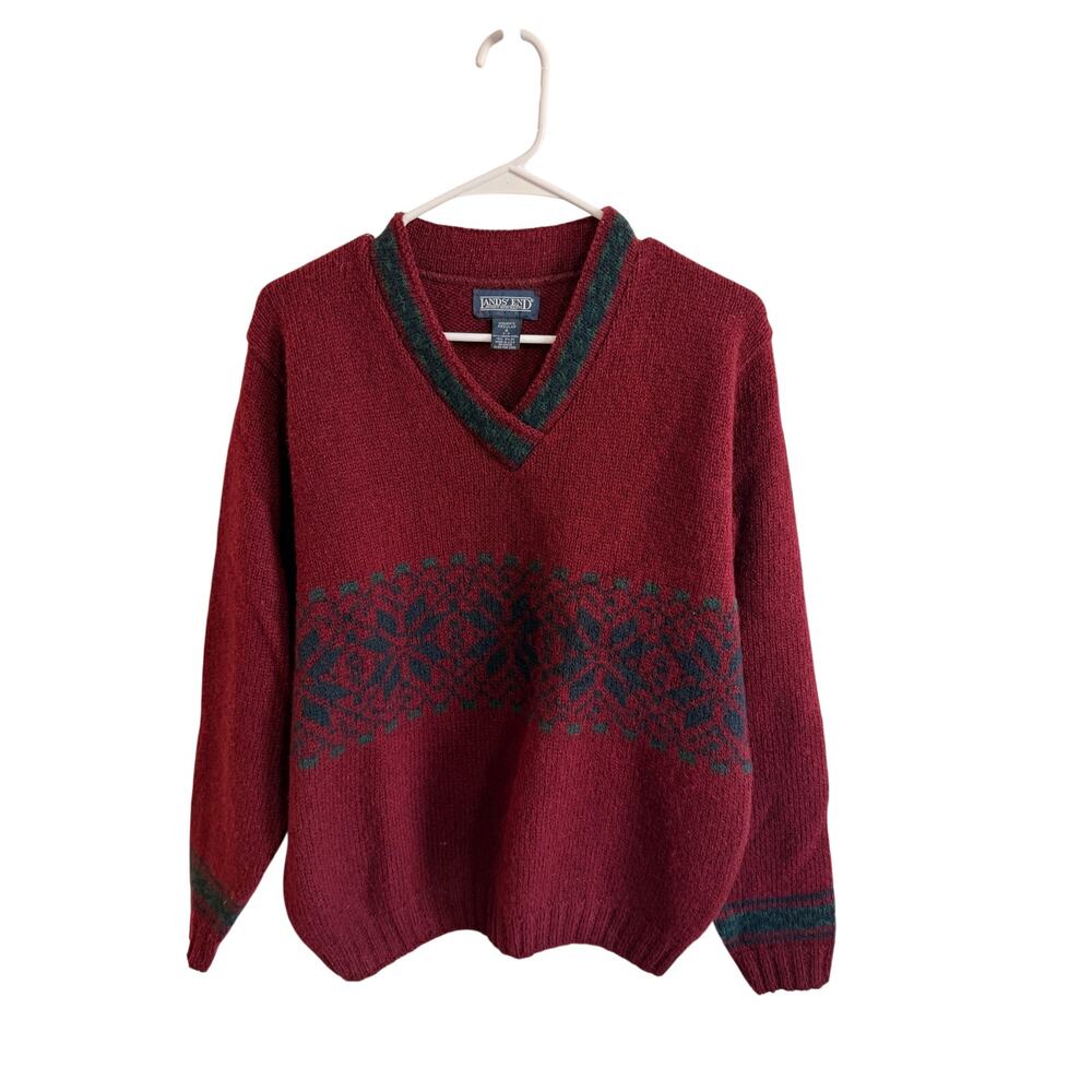 Vintage Lands’ End Wool Fair Isle V-Neck Sweater Women’s Sz S Red Green